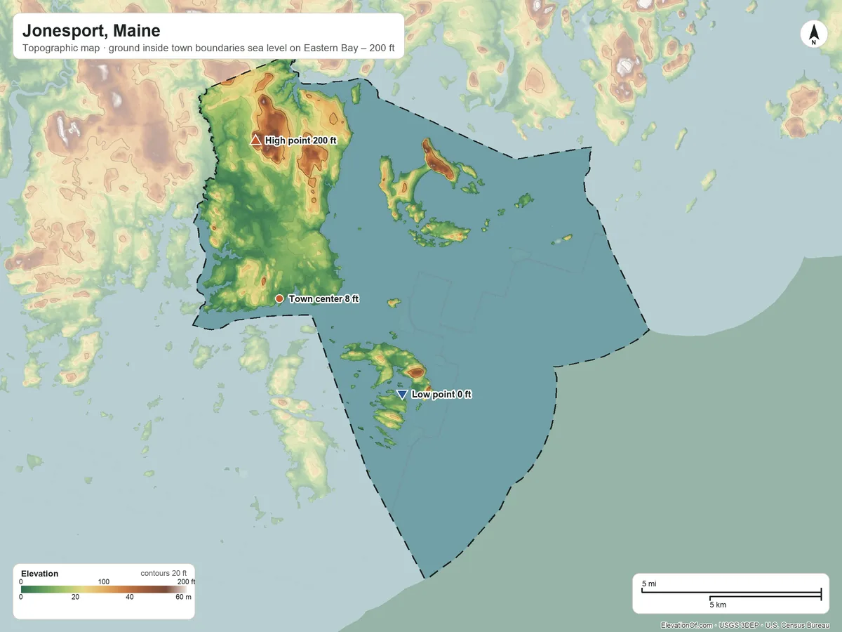 Topographic elevation map of Jonesport, Maine, shaded from sea level level on Eastern Bay to 200 ft on Ikes Hill