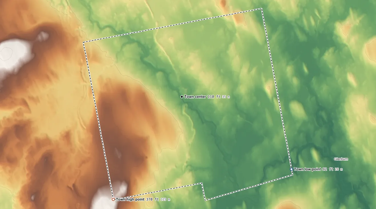 Topographic elevation map of Kenduskeag, Maine, shaded from 92 ft on the southeast side to 370 ft on the southwest side