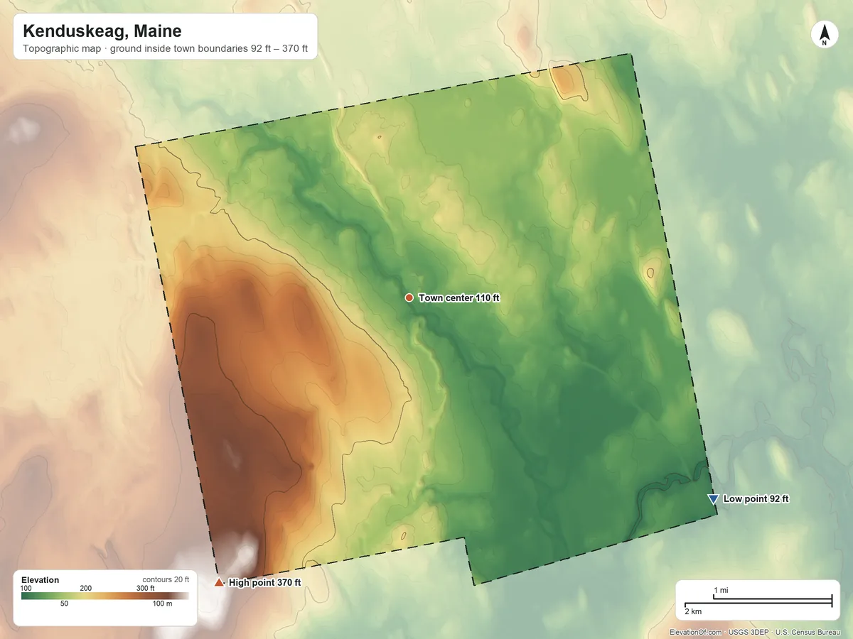Topographic elevation map of Kenduskeag, Maine, shaded from 92 ft on the southeast side to 370 ft on the southwest side