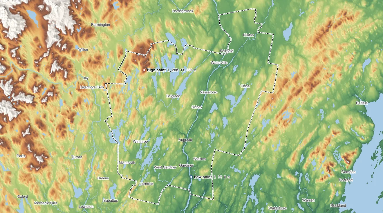 Topographic elevation map of Kennebec County, Maine, shaded from 1 ft on the south side to 1,280 ft on McGaffey Mountain