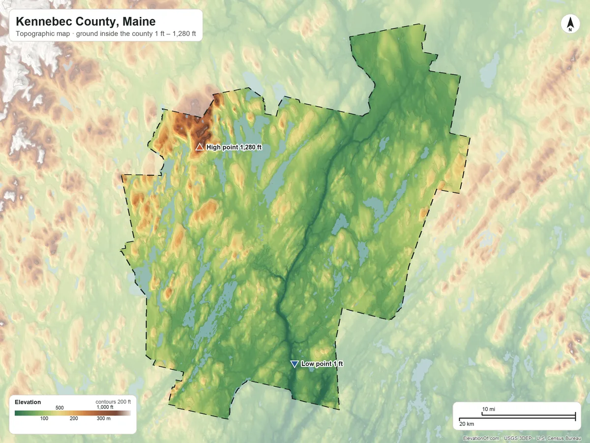 Topographic elevation map of Kennebec County, Maine, shaded from 1 ft on the south side to 1,280 ft on McGaffey Mountain