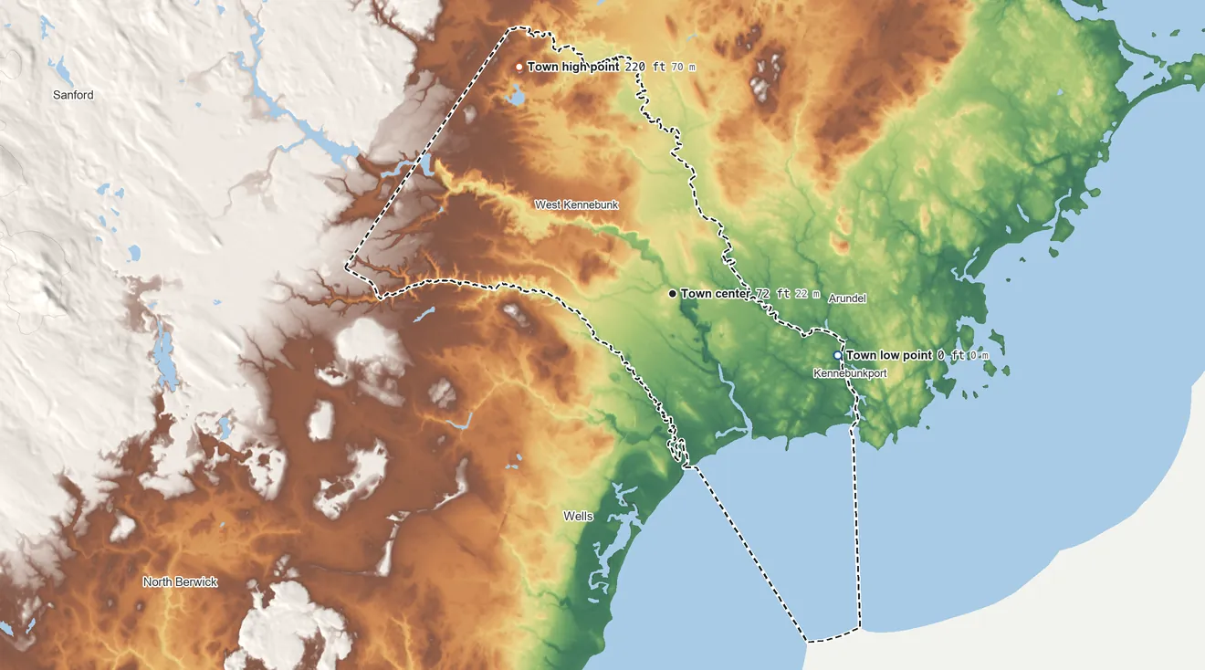 Topographic elevation map of Kennebunk, Maine, shaded from sea level level on the Kennebunk River to 220 ft on the northwest side