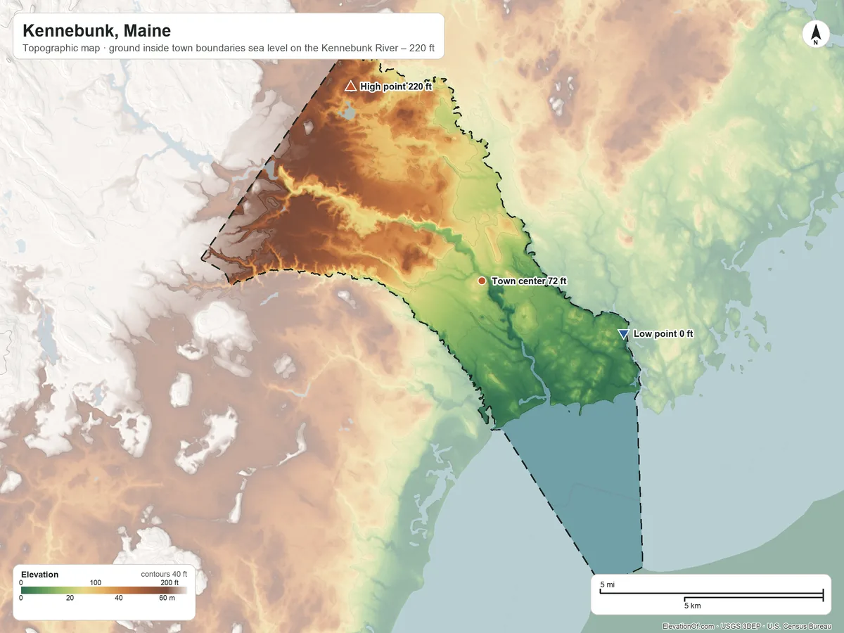 Topographic elevation map of Kennebunk, Maine, shaded from sea level level on the Kennebunk River to 220 ft on the northwest side
