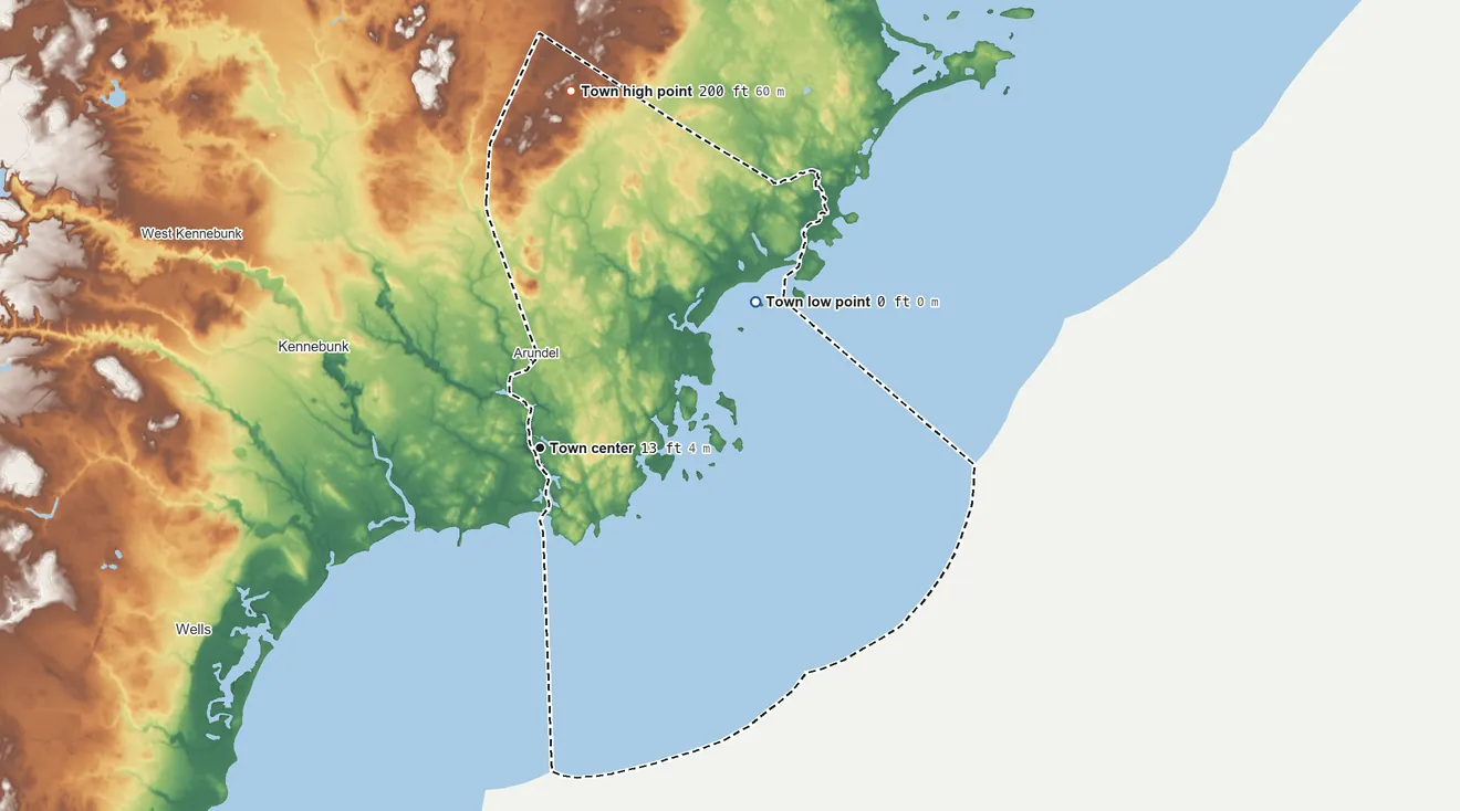 Topographic elevation map of Kennebunkport, Maine, shaded from sea level level on the Atlantic Ocean to 200 ft on the north side