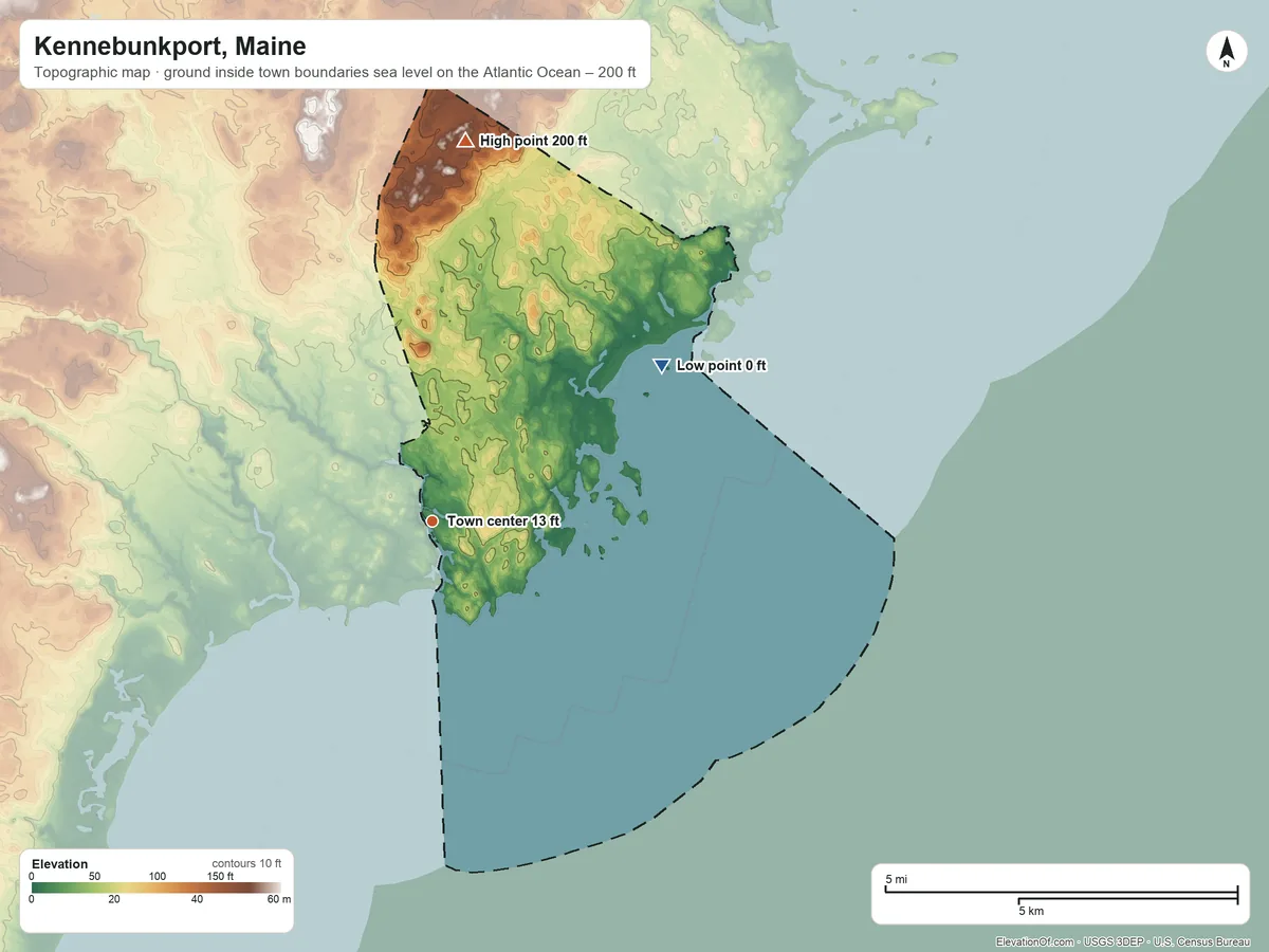 Topographic elevation map of Kennebunkport, Maine, shaded from sea level level on the Atlantic Ocean to 200 ft on the north side
