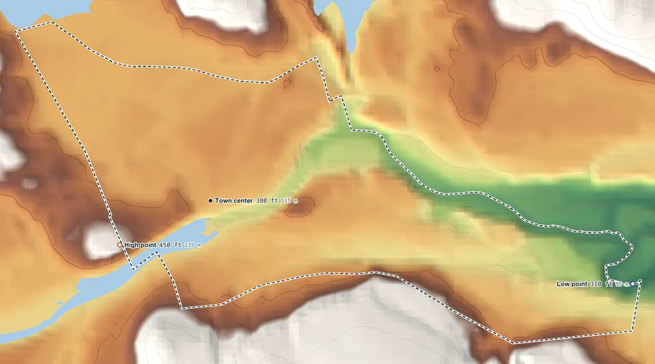 Topographic elevation map of Kezar Falls, Maine, shaded from 310 ft on the east side to 450 ft on the southwest edge, below higher ground just outside