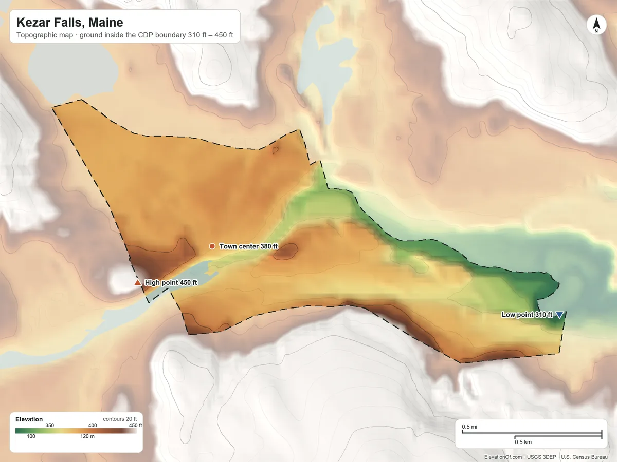 Topographic elevation map of Kezar Falls, Maine, shaded from 310 ft on the east side to 450 ft on the southwest edge, below higher ground just outside