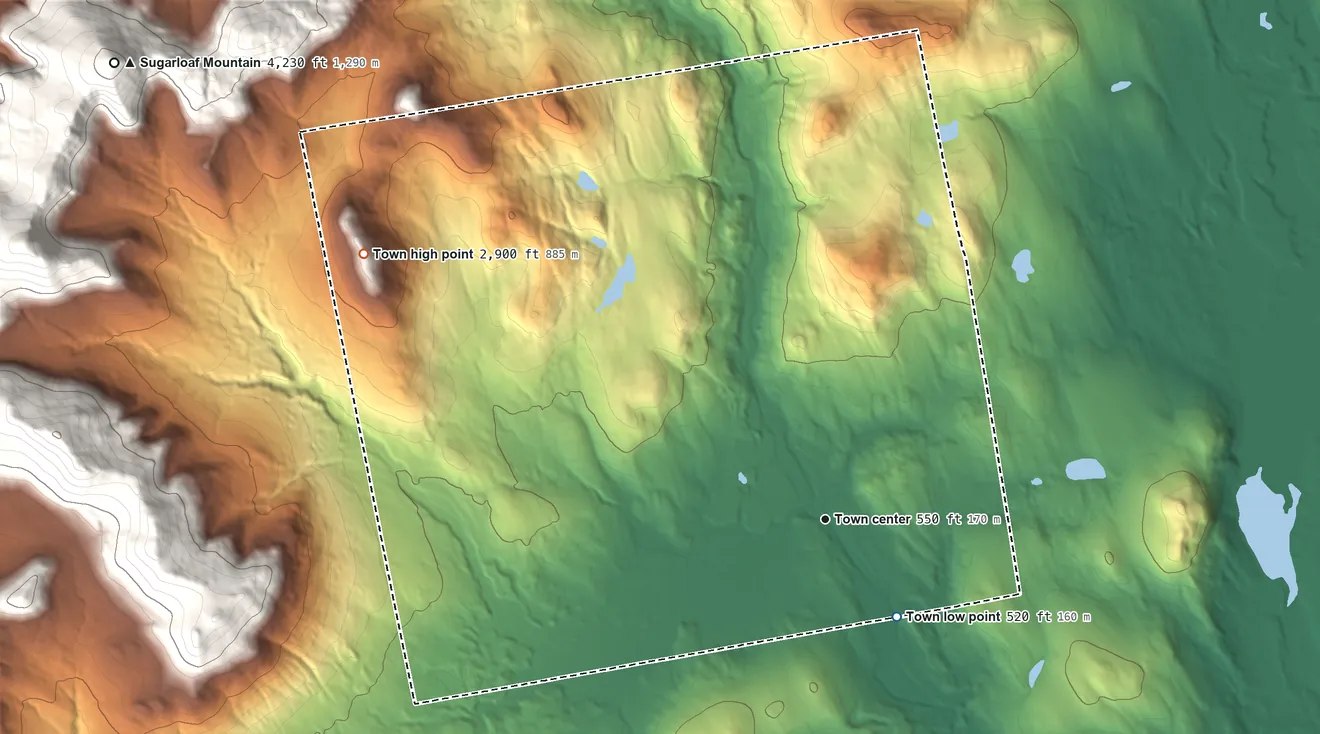 Topographic elevation map of Kingfield, Maine, shaded from 520 ft on the southeast side to 2,900 ft on Black Nubble