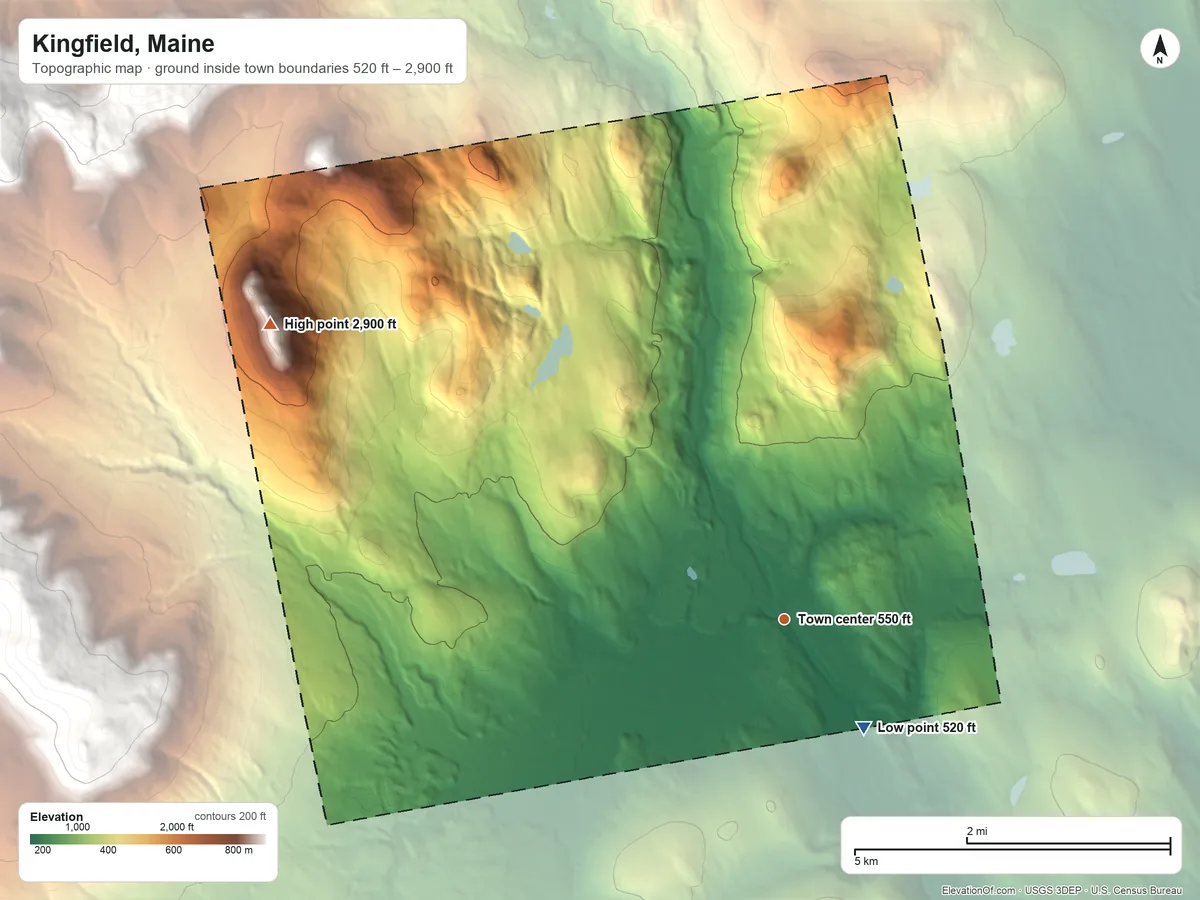 Topographic elevation map of Kingfield, Maine, shaded from 520 ft on the southeast side to 2,900 ft on Black Nubble