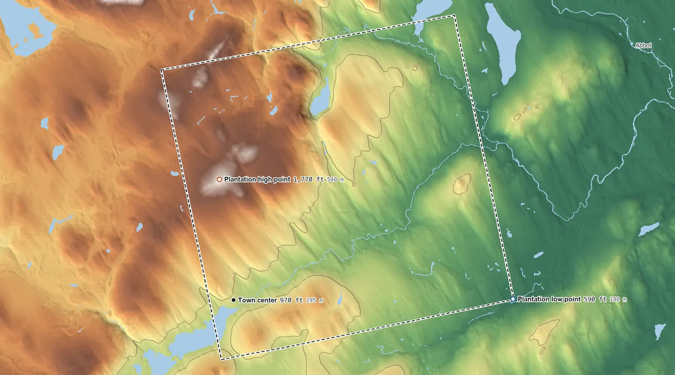 Topographic elevation map of Kingsbury, Maine, shaded from 590 ft on the east side to 1,770 ft on the north side