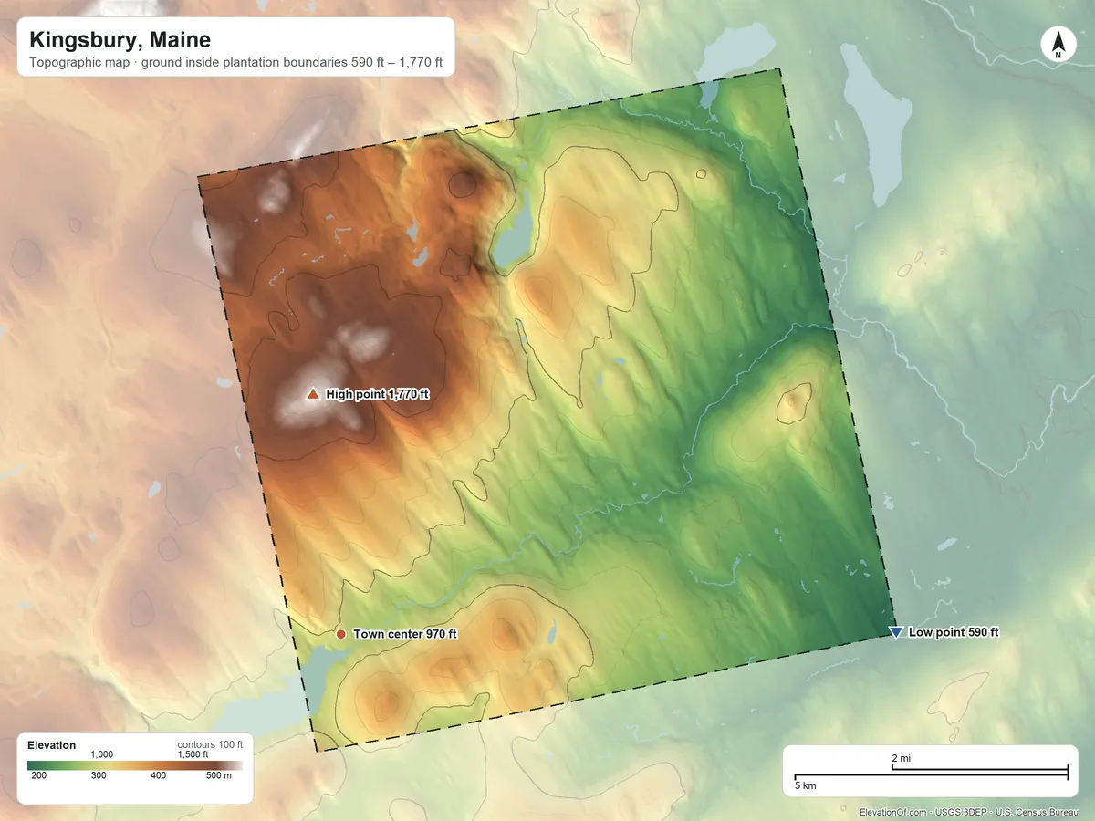 Topographic elevation map of Kingsbury, Maine, shaded from 590 ft on the east side to 1,770 ft on the north side