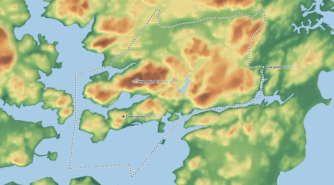 Topographic elevation map of Kittery Point, Maine, shaded from sea level level on the Atlantic Ocean to 100 ft on the north side