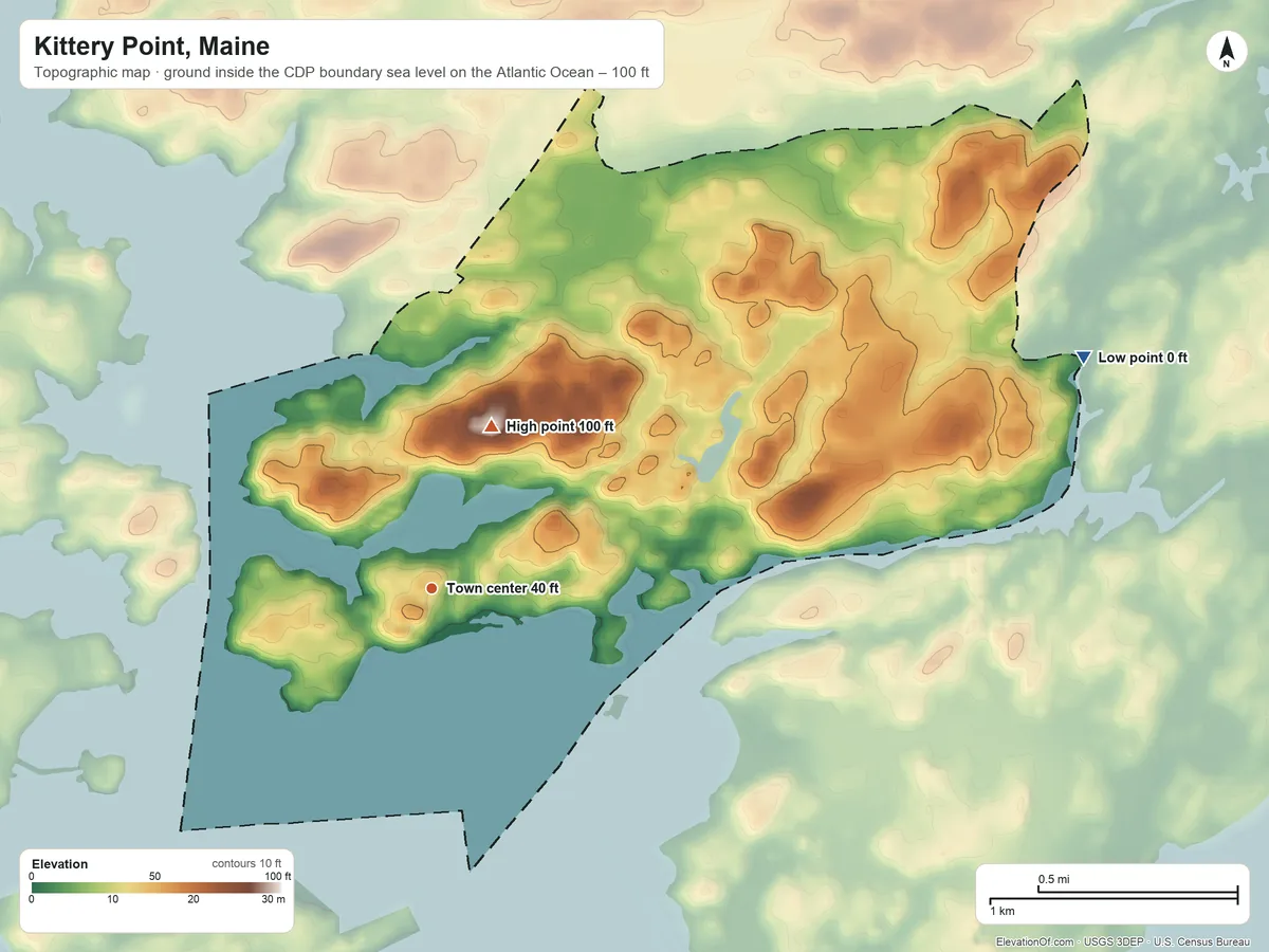 Topographic elevation map of Kittery Point, Maine, shaded from sea level level on the Atlantic Ocean to 100 ft on the north side