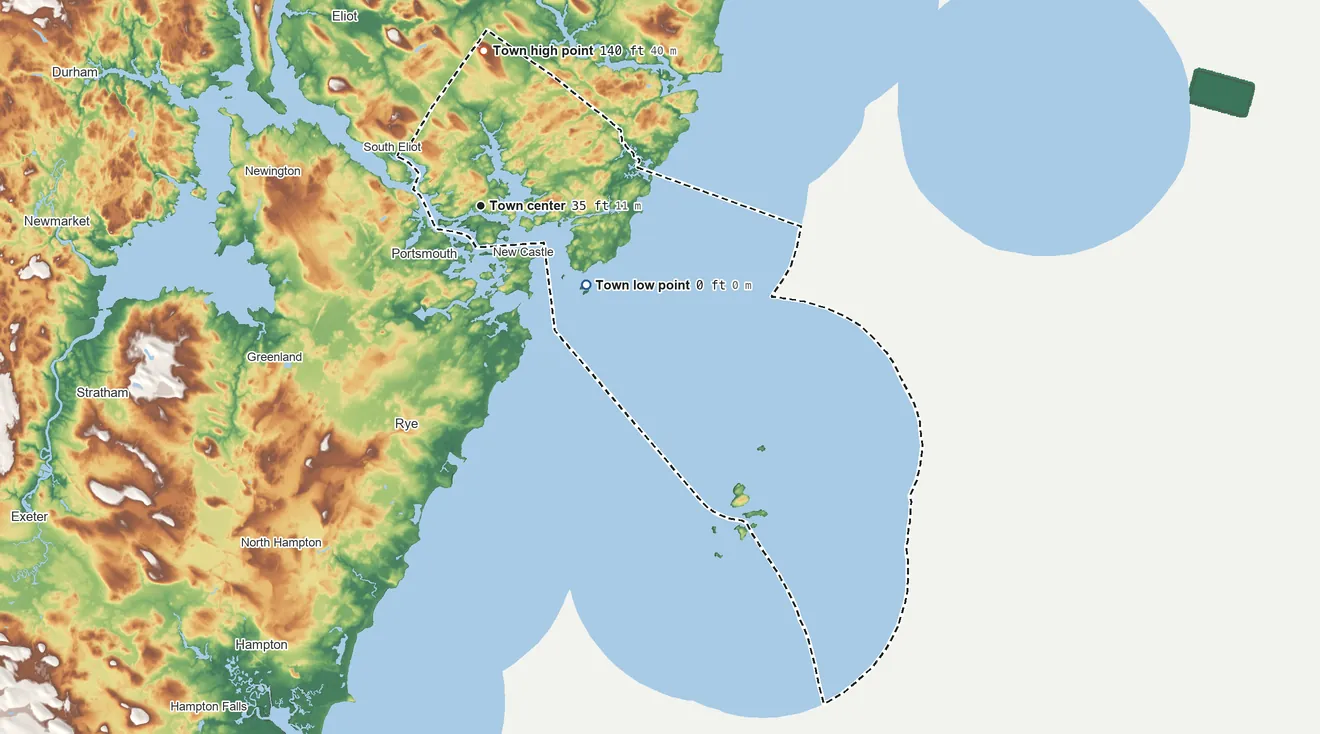 Topographic elevation map of Kittery, Maine, shaded from sea level level on the Atlantic Ocean to 140 ft on the north side