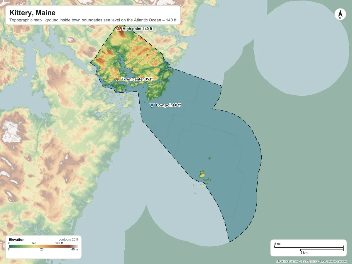 Topographic elevation map of Kittery, Maine, shaded from sea level level on the Atlantic Ocean to 140 ft on the north side