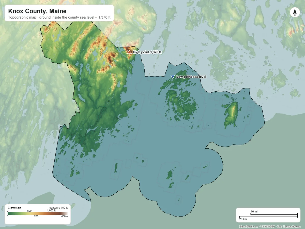 Topographic elevation map of Knox County, Maine, shaded from sea level on the Mill Strm to 1,370 ft on Mount Megunticook