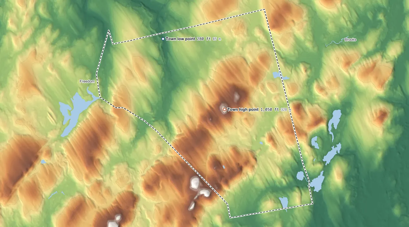 Topographic elevation map of Knox, Maine, shaded from 280 ft on the northwest side to 1,050 ft near the middle