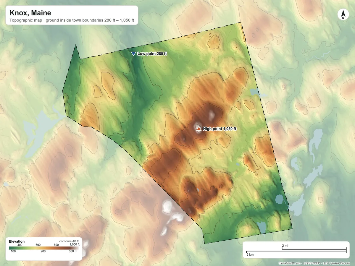 Topographic elevation map of Knox, Maine, shaded from 280 ft on the northwest side to 1,050 ft near the middle