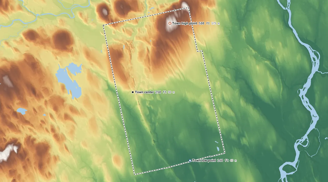Topographic elevation map of Lagrange, Maine, shaded from 140 ft on the southeast side to 580 ft on the northeast side