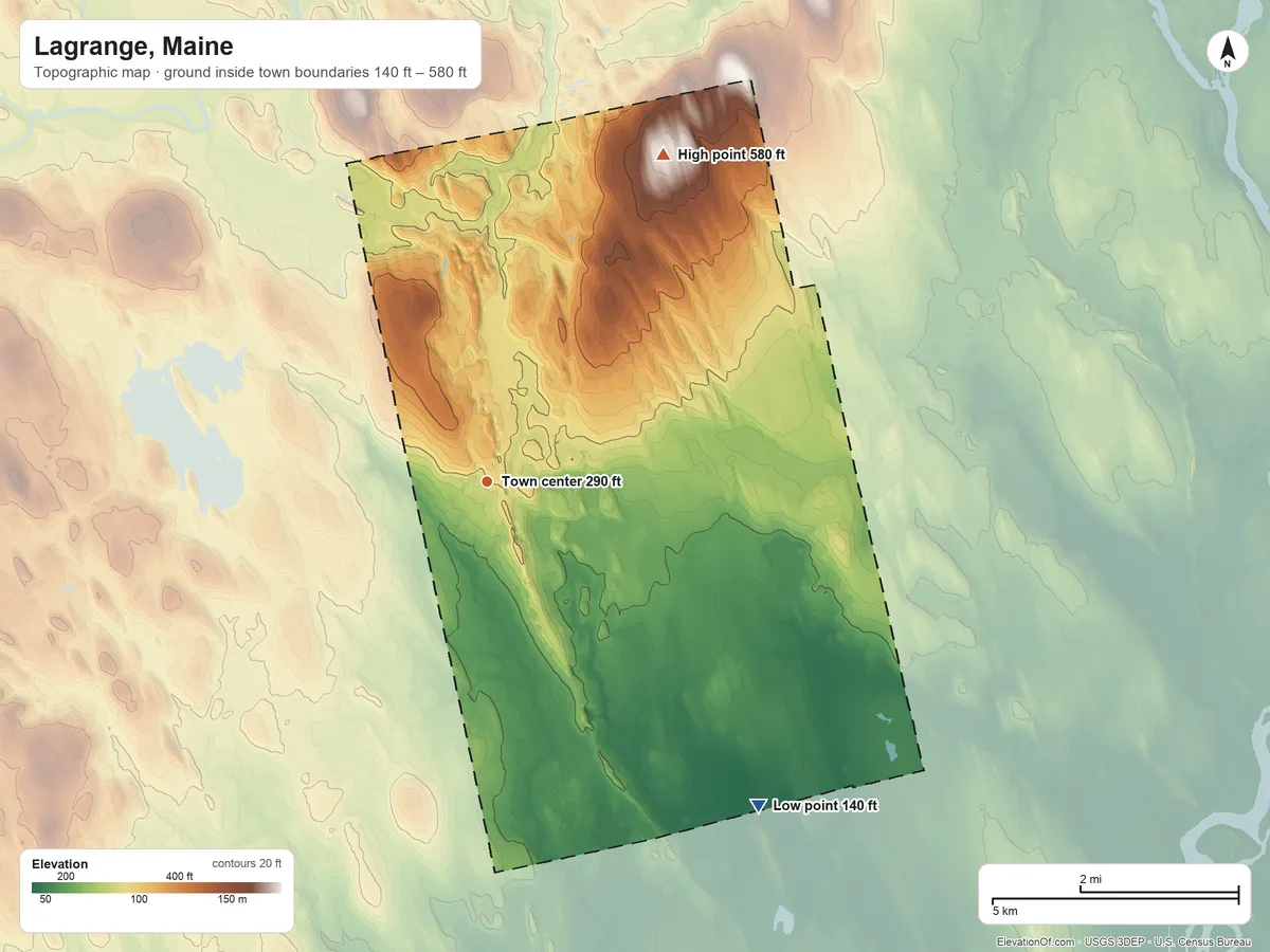 Topographic elevation map of Lagrange, Maine, shaded from 140 ft on the southeast side to 580 ft on the northeast side