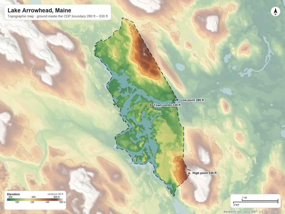 Topographic elevation map of Lake Arrowhead, Maine, shaded from 280 ft on the east side to 530 ft on the southeast side