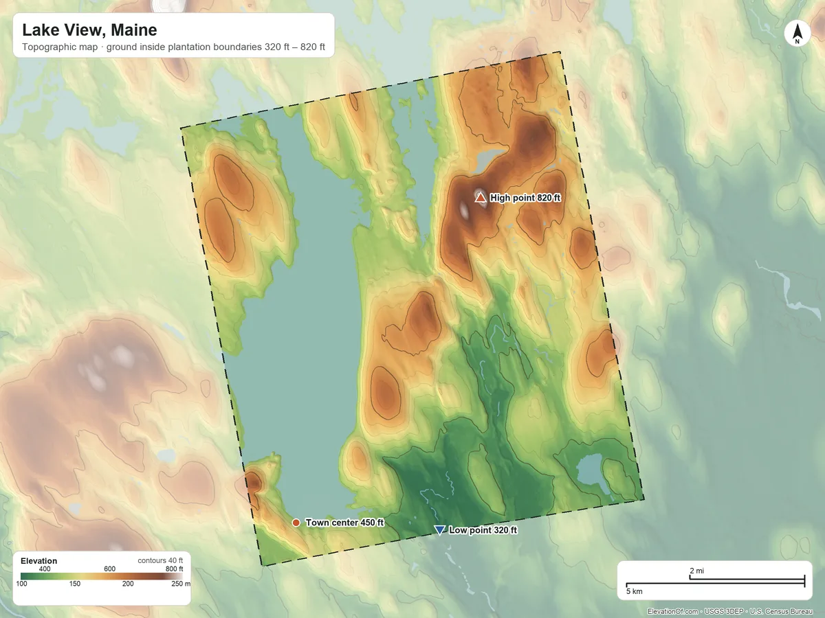 Topographic elevation map of Lake View, Maine, shaded from 320 ft on the east side to 820 ft on the northeast side