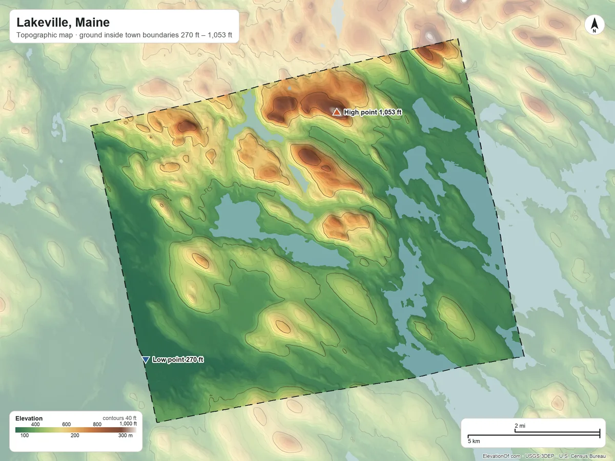 Topographic elevation map of Lakeville, Maine, shaded from 270 ft on the southwest side to 1,053 ft on Almanac Mountain