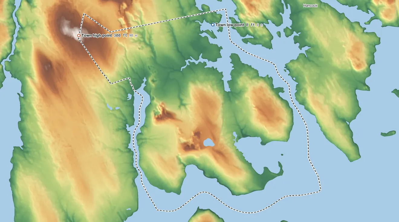 Topographic elevation map of Lamoine, Maine, shaded from sea level level on the Skillings River to 300 ft on Beckwith Hill