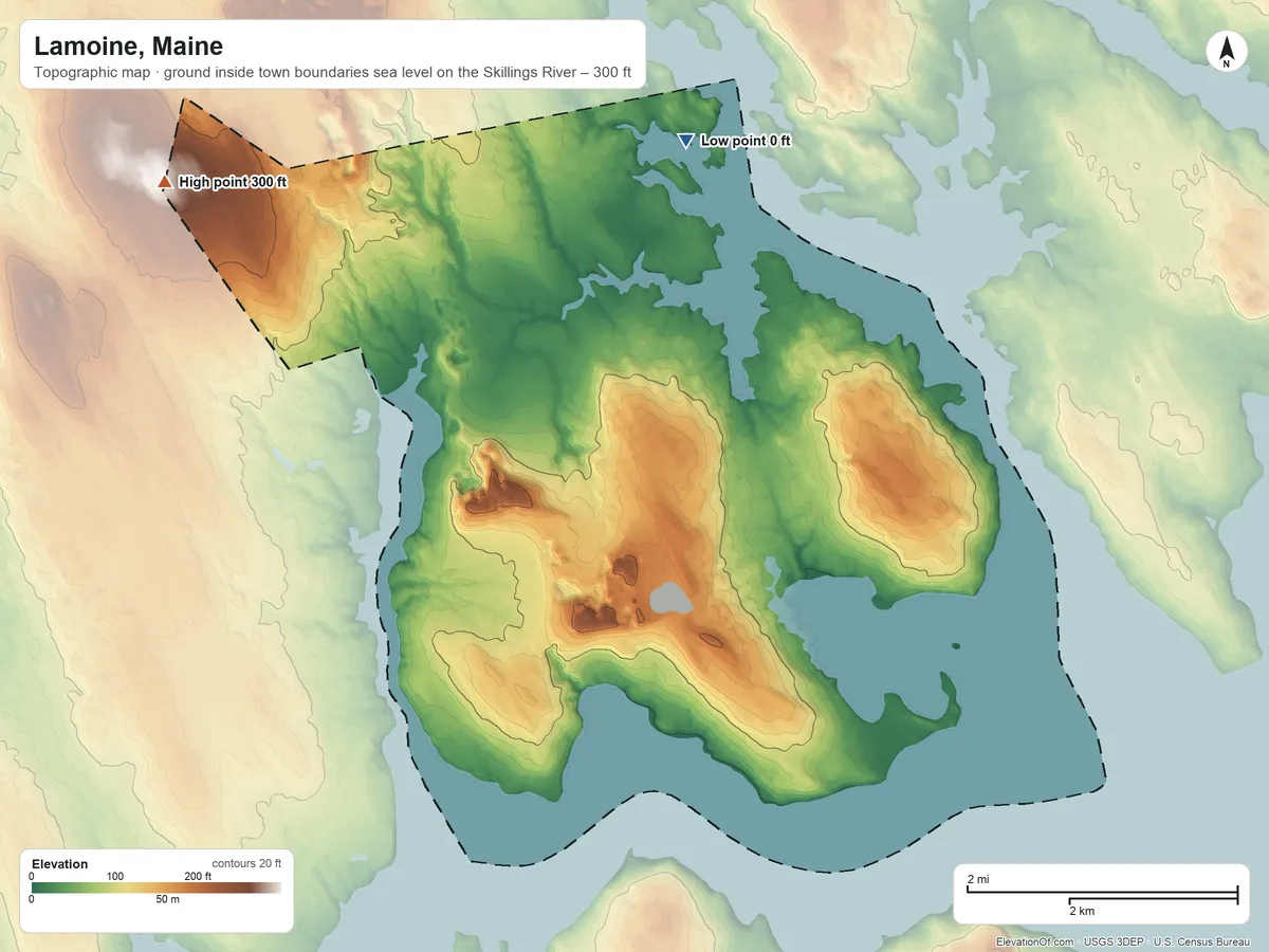 Topographic elevation map of Lamoine, Maine, shaded from sea level level on the Skillings River to 300 ft on Beckwith Hill