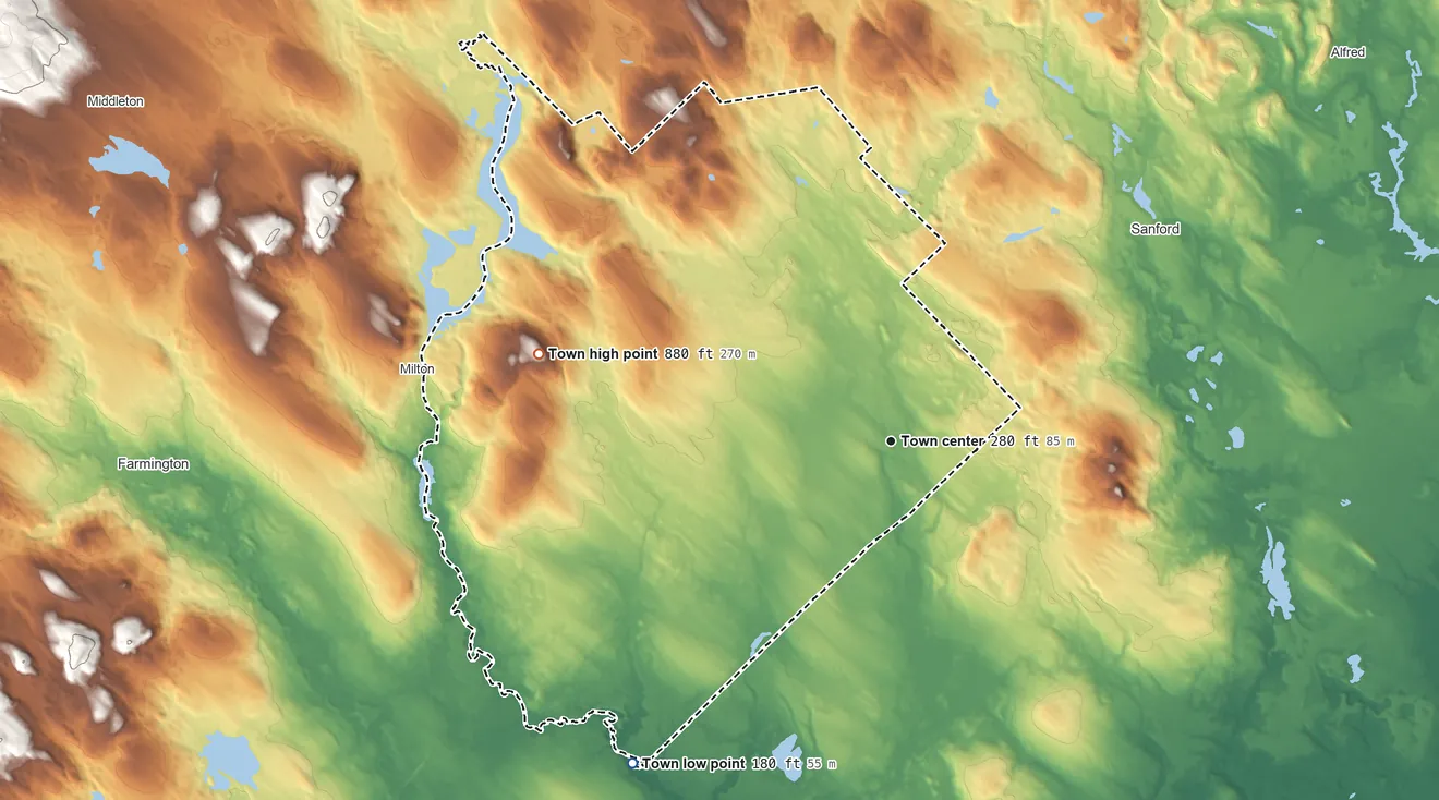 Topographic elevation map of Lebanon, Maine, shaded from 180 ft on the southwest side to 880 ft on the west side