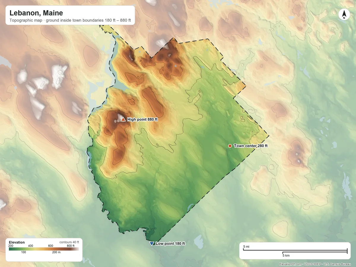 Topographic elevation map of Lebanon, Maine, shaded from 180 ft on the southwest side to 880 ft on the west side