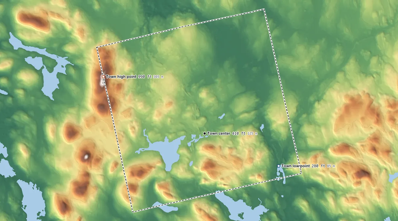 Topographic elevation map of Lee, Maine, shaded from 280 ft on the southeast side to 990 ft on the northwest side