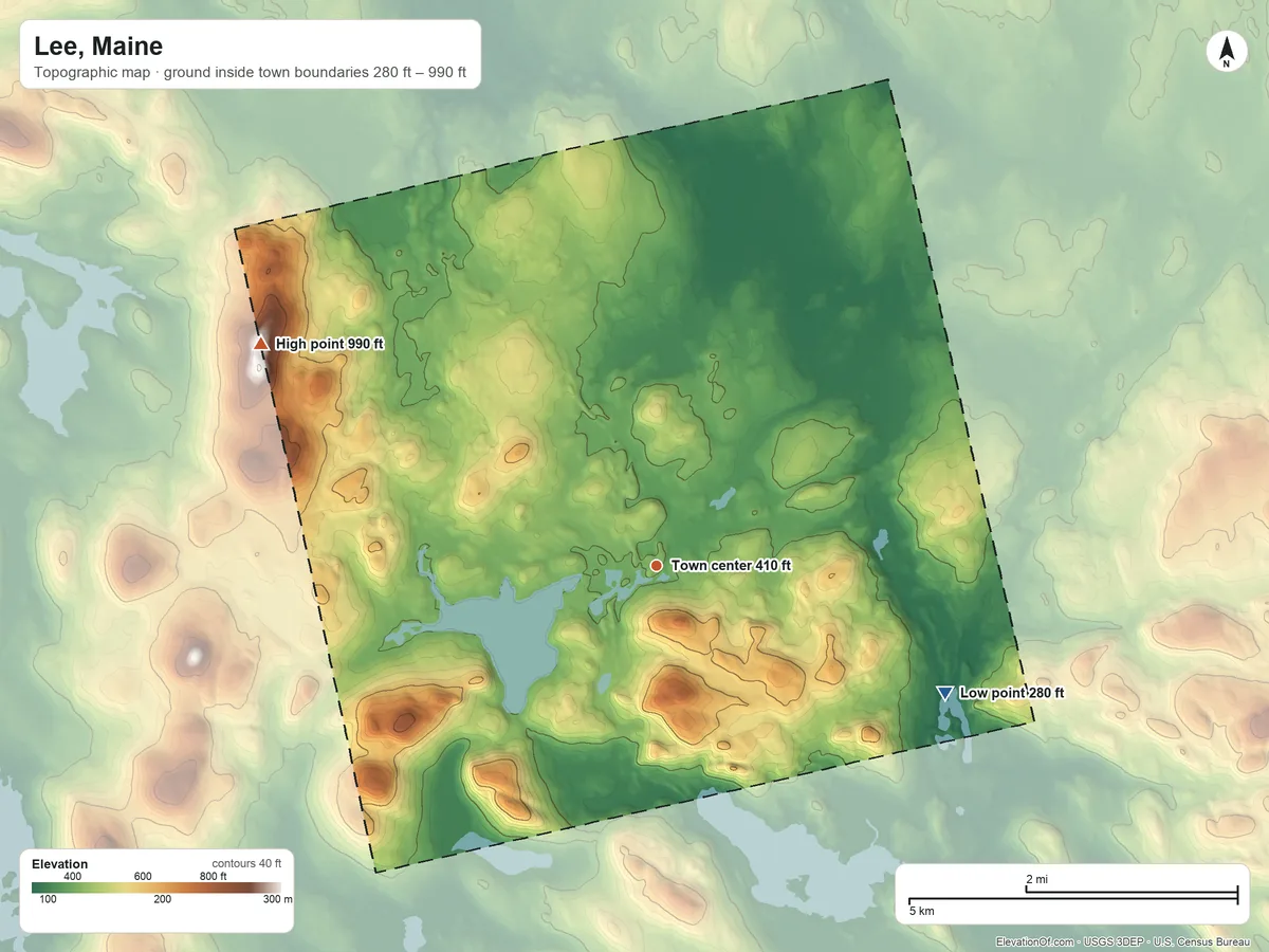 Topographic elevation map of Lee, Maine, shaded from 280 ft on the southeast side to 990 ft on the northwest side