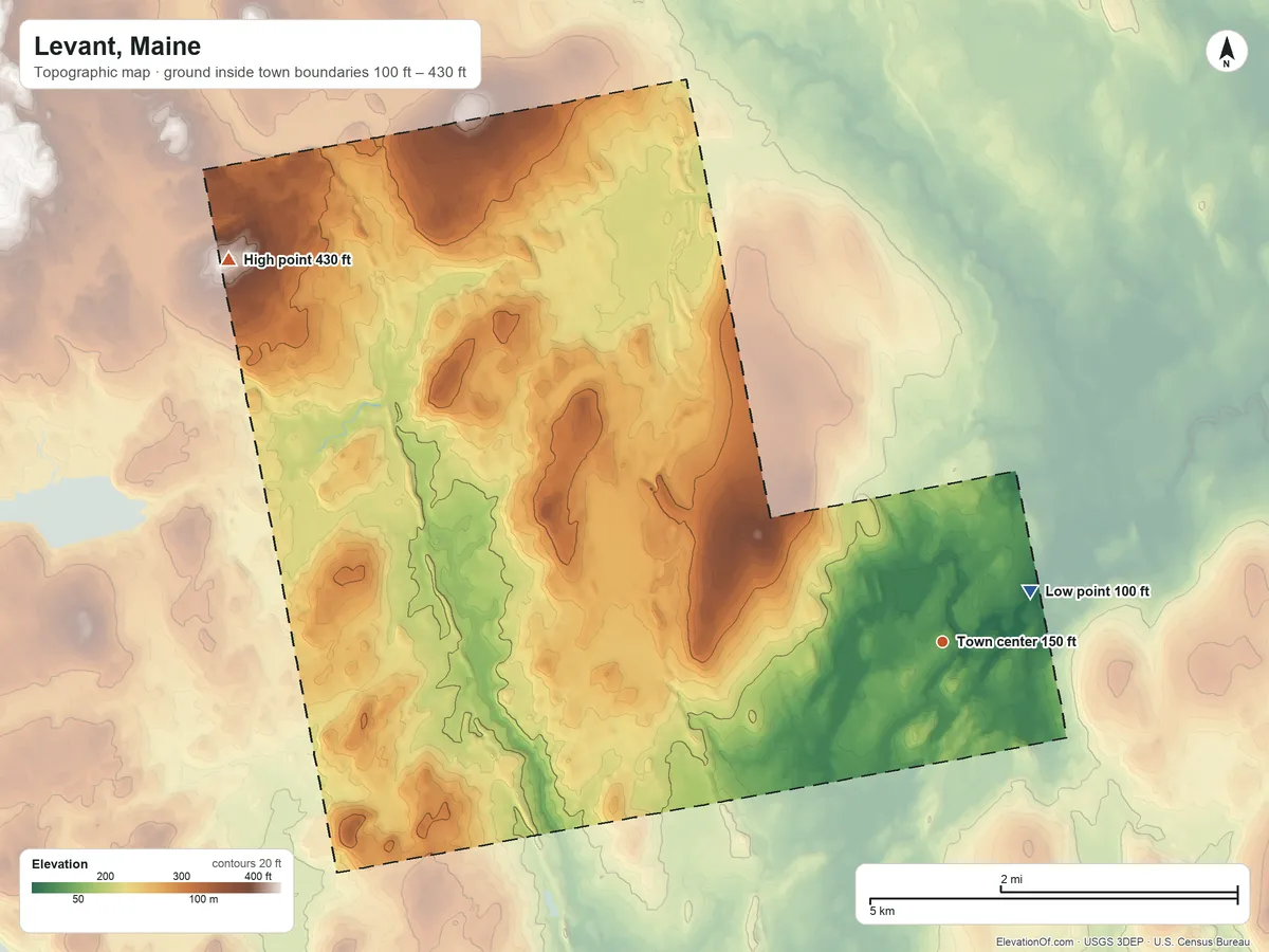 Topographic elevation map of Levant, Maine, shaded from 100 ft near the middle to 430 ft on the northwest side