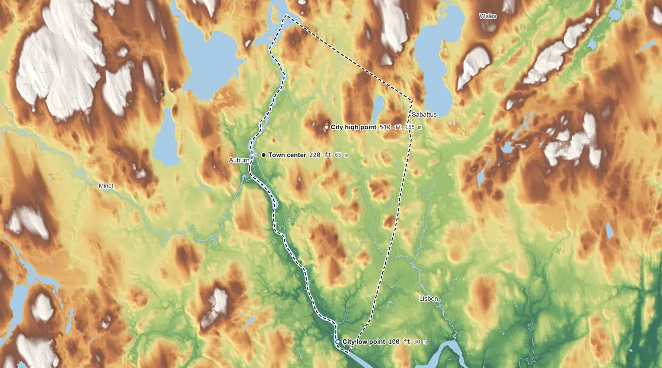 Topographic elevation map of Lewiston, Maine, shaded from 100 ft on the south side to 510 ft on Thorncrag Hill