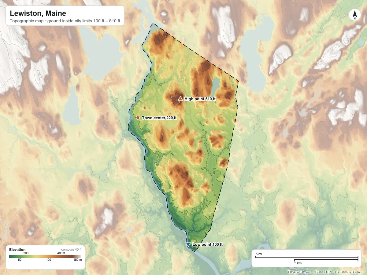 Topographic elevation map of Lewiston, Maine, shaded from 100 ft on the south side to 510 ft on Thorncrag Hill