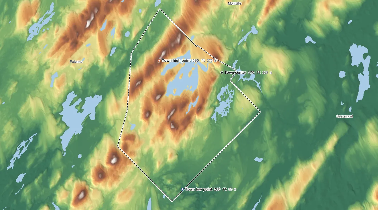 Topographic elevation map of Liberty, Maine, shaded from 260 ft on the south side to 900 ft on the west side