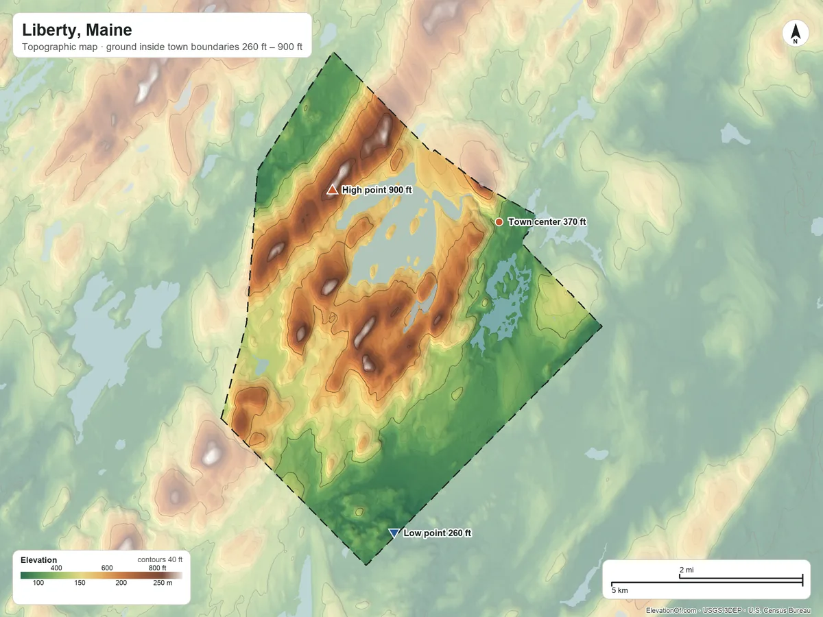 Topographic elevation map of Liberty, Maine, shaded from 260 ft on the south side to 900 ft on the west side