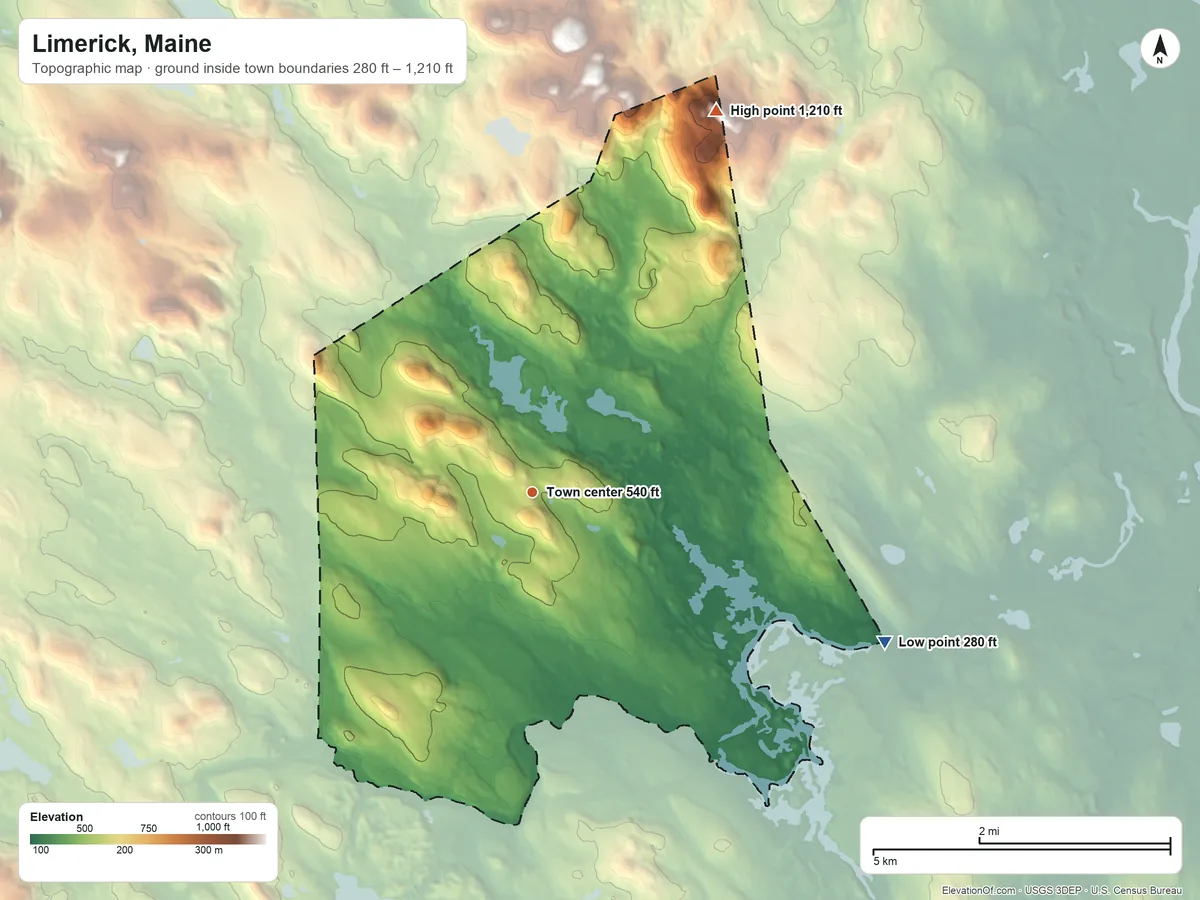 Topographic elevation map of Limerick, Maine, shaded from 280 ft on the southeast side to 1,210 ft on the northeast edge, below higher ground just outside