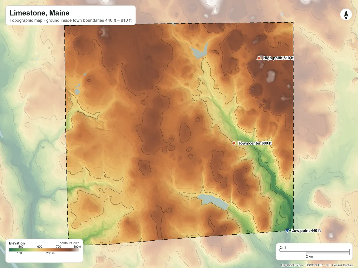 Topographic elevation map of Limestone, Maine, shaded from 440 ft on the southeast side to 810 ft on the north side