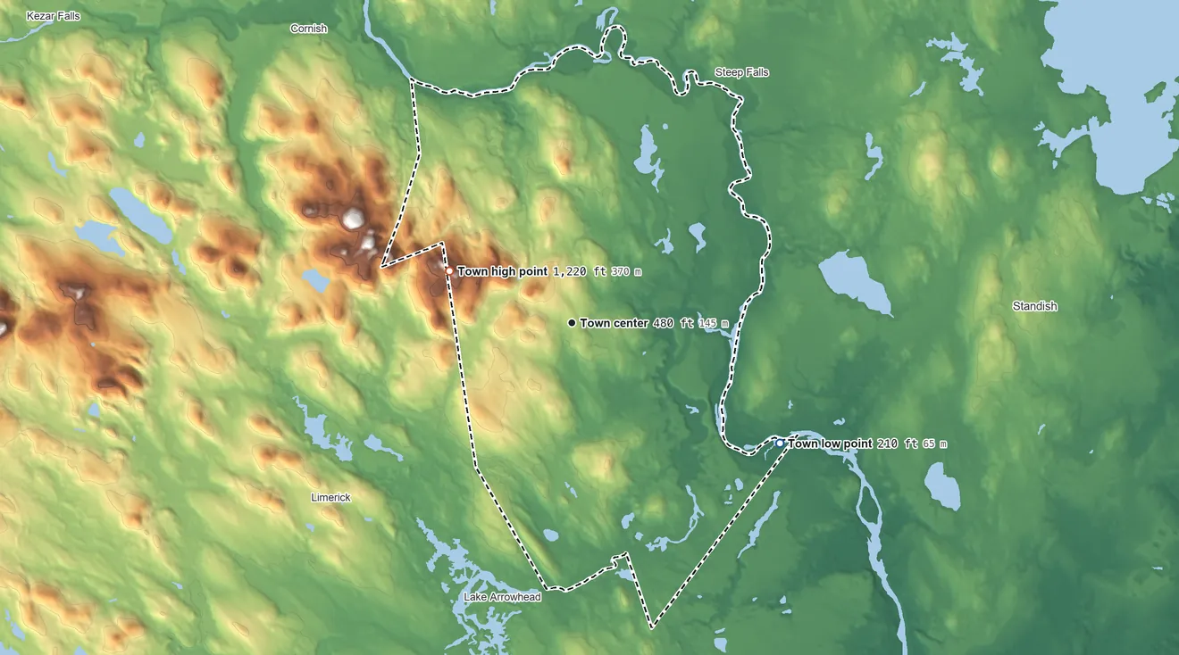 Topographic elevation map of Limington, Maine, shaded from 210 ft on the southeast side to 1,220 ft on Sawyer Mountain