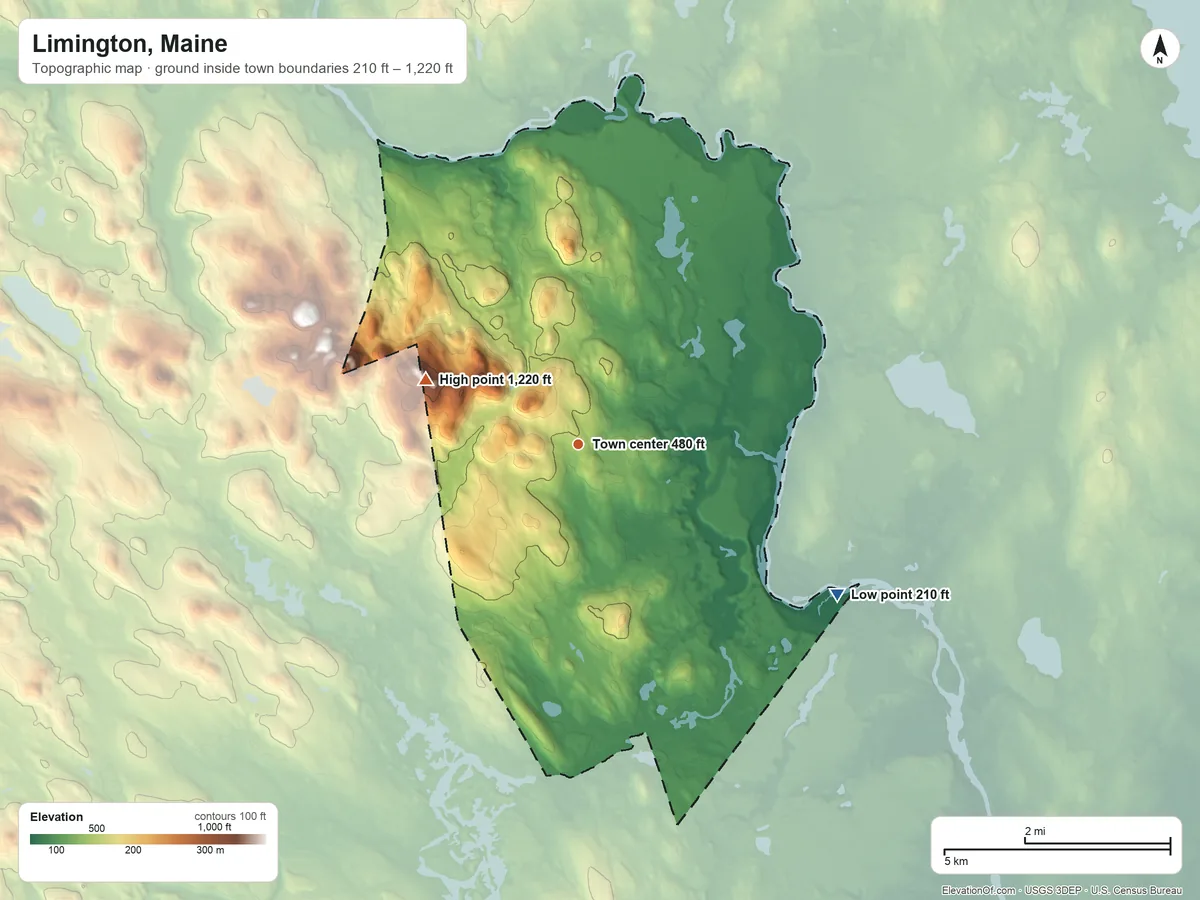 Topographic elevation map of Limington, Maine, shaded from 210 ft on the southeast side to 1,220 ft on Sawyer Mountain