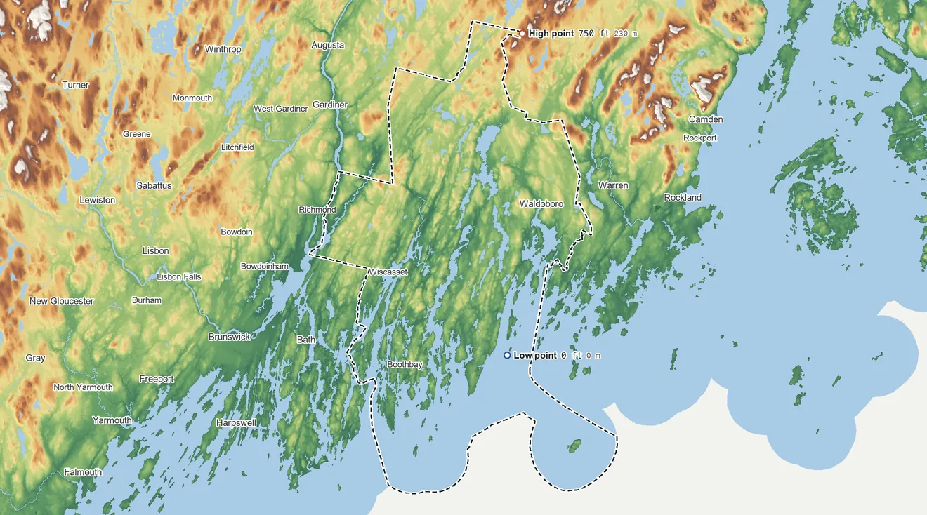 Topographic elevation map of Lincoln County, Maine, shaded from sea level on the Atlantic Ocean to 750 ft on the north side