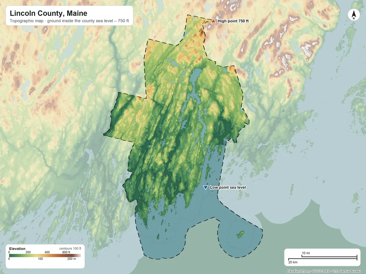 Topographic elevation map of Lincoln County, Maine, shaded from sea level on the Atlantic Ocean to 750 ft on the north side