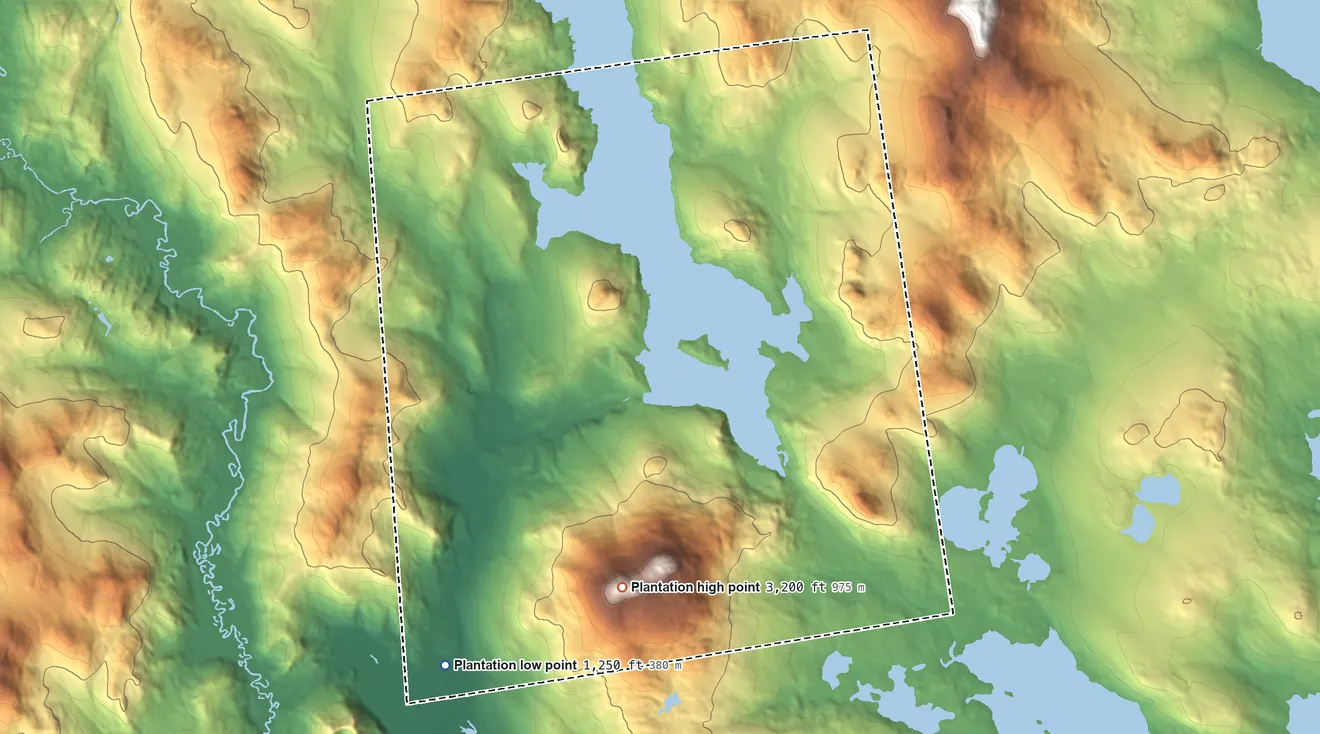 Topographic elevation map of Plantation of Lincoln, Maine, shaded from 1,250 ft on the southwest side to 3,200 ft on Aziscohos Mountain