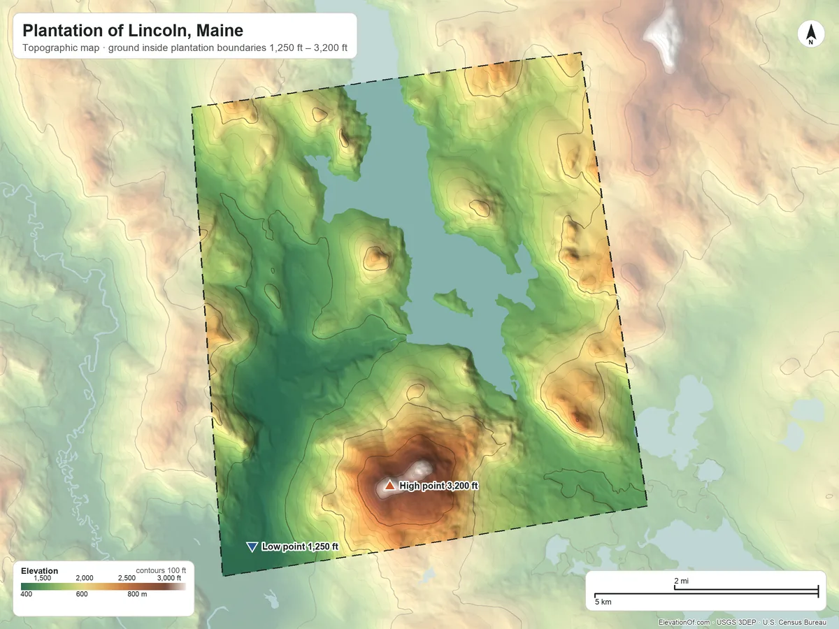 Topographic elevation map of Plantation of Lincoln, Maine, shaded from 1,250 ft on the southwest side to 3,200 ft on Aziscohos Mountain