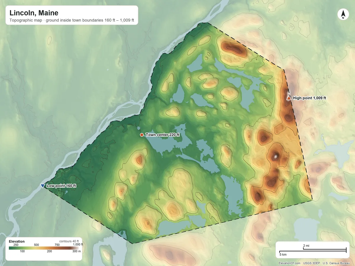 Topographic elevation map of Lincoln, Maine, shaded from 160 ft on the southwest side to 1,009 ft on Rollins Mountain