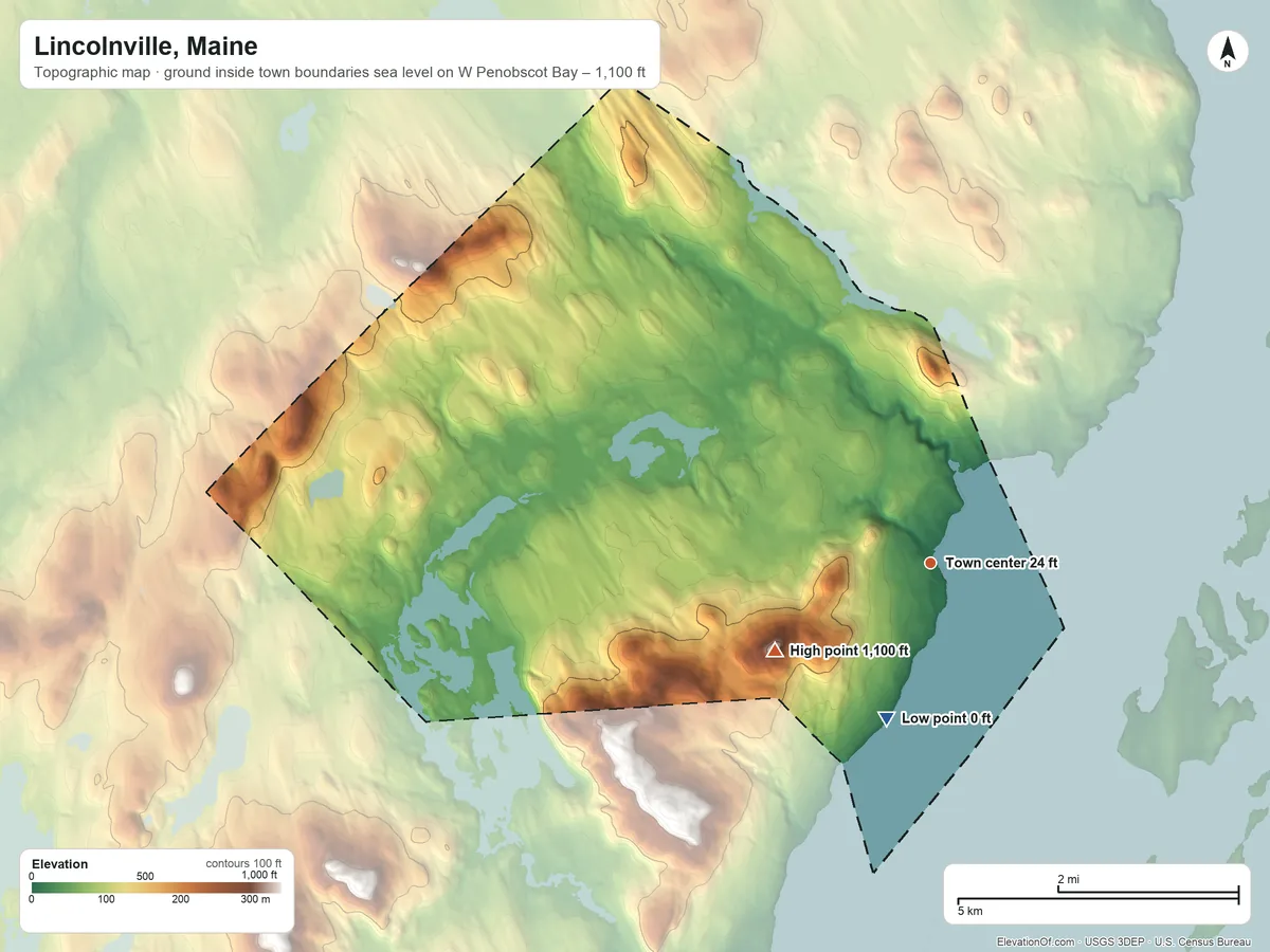 Topographic elevation map of Lincolnville, Maine, shaded from sea level level on West Penobscot Bay to 1,100 ft on Bald Rock Mountain