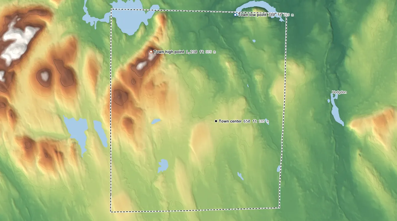 Topographic elevation map of Linneus, Maine, shaded from 380 ft on the north side to 1,230 ft on the northwest side