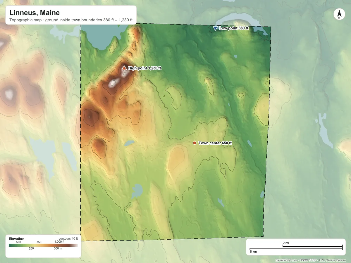 Topographic elevation map of Linneus, Maine, shaded from 380 ft on the north side to 1,230 ft on the northwest side